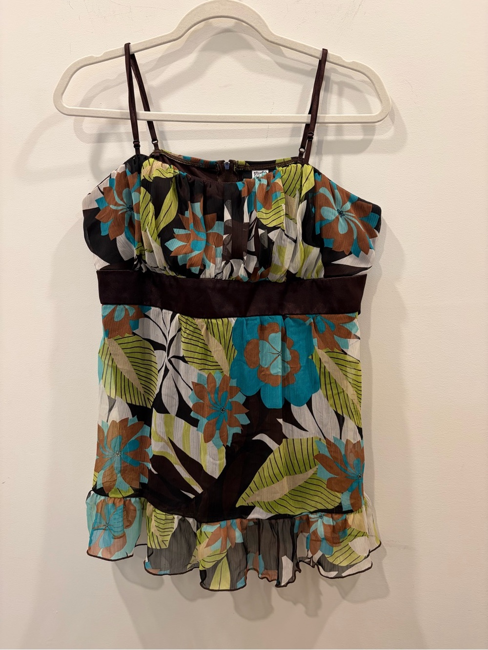 Studio Y brown, blue, and green floral chiffon Y2K babydoll Retro back Tie